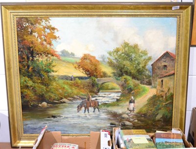 Lot 1040 - English School (late 19th/early 20th century), River landscape with horse and figures, oil on...