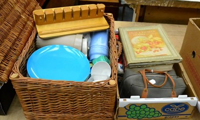 Lot 1074 - Wicker hamper enclosing Gayden Melmex plates, camera lenses, magazines, pencils, pens, Hornby train