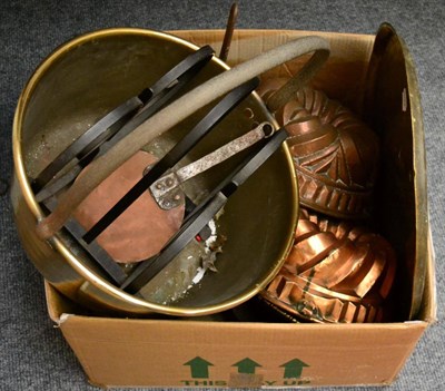 Lot 1092 - Two large copper jelly moulds, a brass jam pan etc