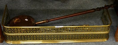 Lot 1097 - A set of brass and steel fire irons, fender and warming pan