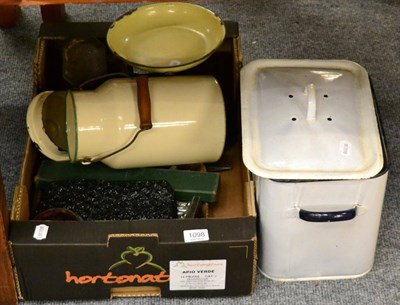 Lot 1098 - A chrome plated Knight table lighter, kitchen scales and weights, bread box and cover, large...