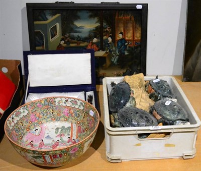 Lot 1103 - Chinese reverse painting on glass, family group playing go; a set of ceramic turtle soup bowls...