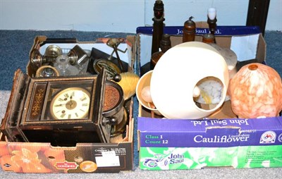 Lot 1115 - Two boxes of miscellaneous clocks, lamps, shades and other items (qty)