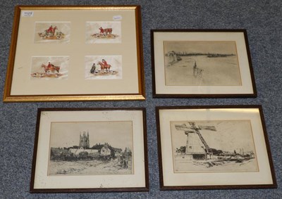 Lot 1123 - A set of four paintings on silk of hunting scenes and three etchings&nbsp