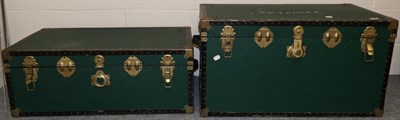 Lot 1143 - Two metal mounted green school trunks