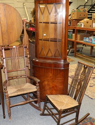 Lot 1183 - A 19th century oak rope seated wing back rocking chair, a similar rocking chair and a...