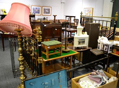 Lot 1187 - A group of furniture comprising: a brass double bed frame, an ecclesiastical kneeler, an oak...