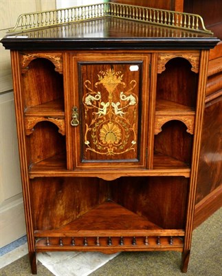 Lot 1227 - A 19th century inlaid rosewood standing corner cupboard with brass baluster gallery