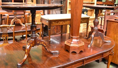 Lot 1240 - A 19th century French marquetry tilt top tripod table, together with a George III oak tilt top...