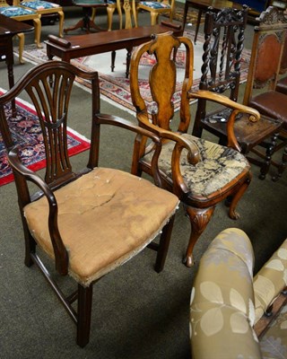 Lot 1261 - An 18th century carved oak hall chair and two 19th century chairs