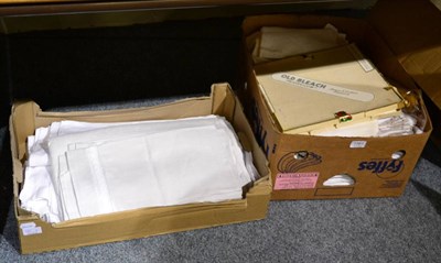 Lot 1361 - Three boxes of children's garments, table cloths and mixed bedding, lace, crochet etc together with