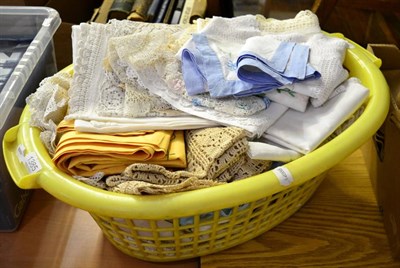 Lot 1385 - A basket of various crocheted and embroidered linen