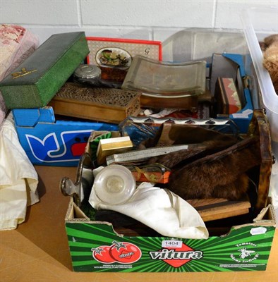 Lot 1404 - Two boxes of miscellaneous costume jewellery, textiles, costume etc (qty)