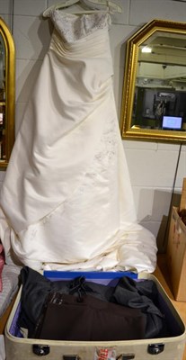 Lot 1406 - Christian Dior grey pin striped suit, modern strapless wedding gown with train and stole, length of