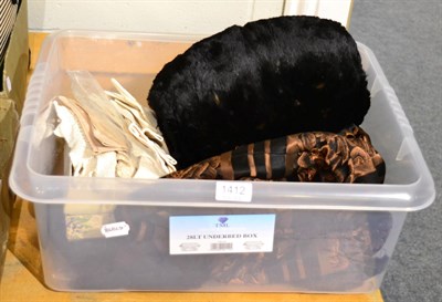 Lot 1412 - Fur muff, assorted lady's gloves, fur collar, Sheerline brown brocade style long skirt, scarf etc