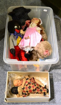 Lot 1439 - Assorted soft toys including a Merrythought brown poodle and golly, black jointed teddy bear,...