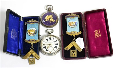 Lot 4 - A silver pocket watch, a silver pocket watch case, and two silver gilt Masonic medals, cased (4)