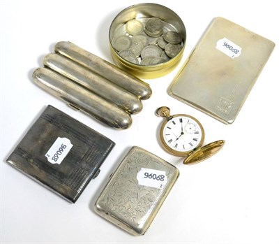 Lot 6 - Silver comprising cigar case, two cigarette cases, small quantity of pre-47 silver coins,...