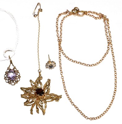 Lot 15 - An assortment of jewellery including a 9ct gold garnet flower head brooch and a pair of gem set...