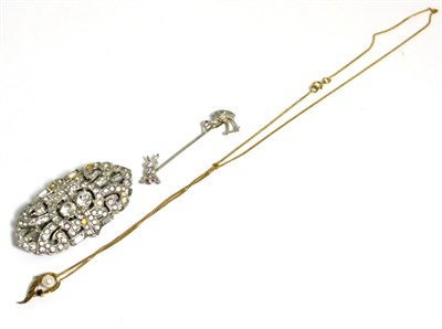 Lot 26 - A 9 carat gold pearl pendant, a Continental silver and paste scarf pin, paste clip