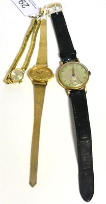 Lot 29 - A 9 carat gold Roamer wristwatch, a lady's Avalon wristwatch with case stamped 14K and a Girard...