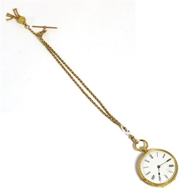 Lot 38 - A lady's fob watch, case stamped 18k, with attached chain and tassel, clasp stamped 9 carat
