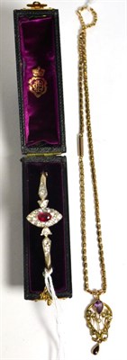 Lot 42 - An Edwardian pearl set pendant stamped on applied plaque 9 carat, with attached yellow metal...
