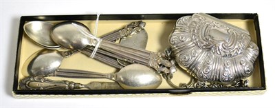 Lot 44 - A set of six Georg Jensen silver Acorn pattern coffee spoons, a Victorian Sherry wine bottle label