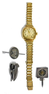 Lot 55 - A lady's 9ct gold wristwatch with plated bracelet, a silver tie clip napkin holder etc