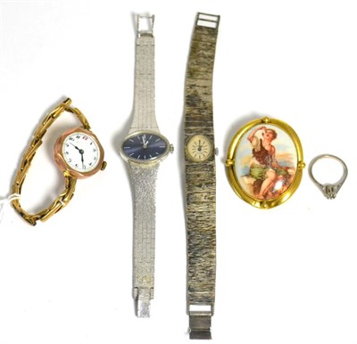Lot 56 - A lady's 9ct gold wristwatch, an 18ct white gold ring (stone lacking), a silver lady's...