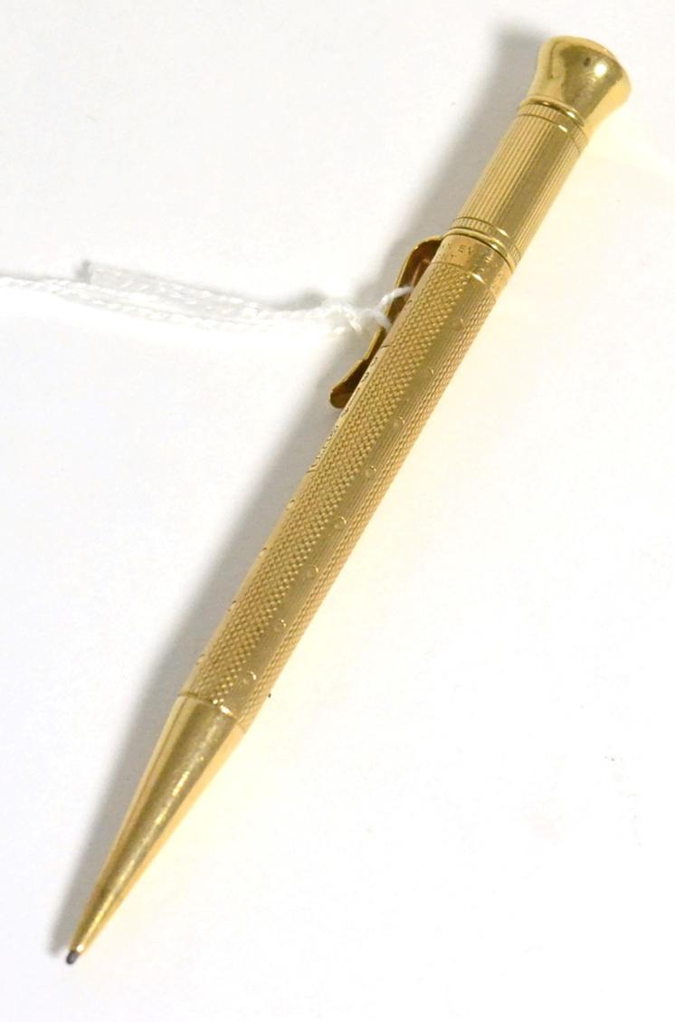 Lot 57 - A Samson Mordan 9 carat gold Everpoint propelling pencil, patent 179005, with engine turning to...
