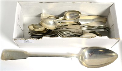 Lot 60 - An assembled group of George III and later silver fiddle pattern flatware, comprising six...