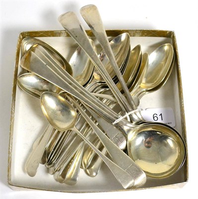 Lot 61 - A group of George III and later Old English pattern spoons, comprising: a set of six dessert...