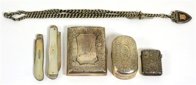 Lot 74 - A group of silver comprising a vesta, 1896; a cigarette case, 1908; a snuff type box, 1906; a large
