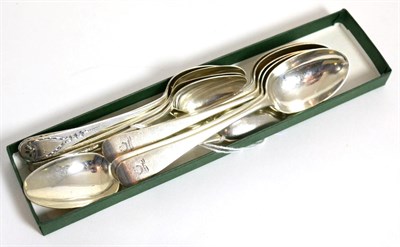Lot 80 - Five crested silver spoons, London 1865; one Exeter silver spoon, Exeter 1876; five monogrammed...