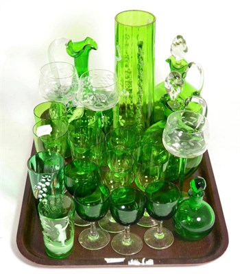 Lot 112 - A green glass Mary Gregory style vase and tumbler, together with further green glass including...