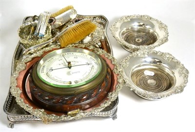 Lot 117 - A pair of plated wine coasters, plated wares, an oak cased barometer etc