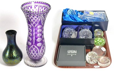 Lot 140 - A cut and purple flashed glass vase; an iridescent glass vase; a Waterford photo frame; Murano...