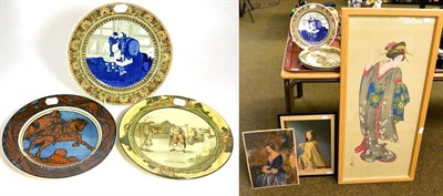 Lot 143 - Three Royal Doulton china plates, two Baxter prints and an early 20th century Japanese painting...