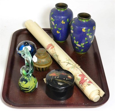 Lot 145 - A Mdina glass paperweight; a pair of cloisonne vases; a lacquered box; oriental scroll etc (7)