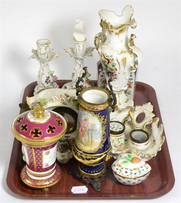 Lot 152 - A tray of assorted ceramics, mainly Continental including two ink stands