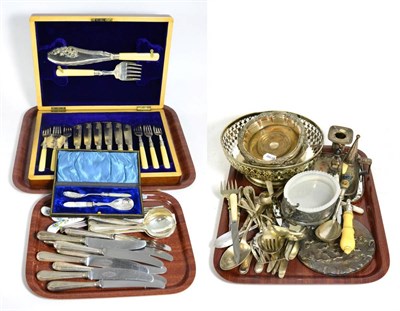 Lot 162 - A group of assorted plated wares and silver including a silver hand mirror, butter knives,...