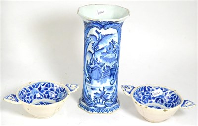 Lot 170 - Blue and white Delft vase and a pair of tin glazed two handled bowls