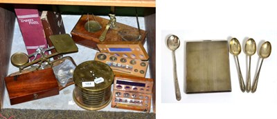 Lot 184 - A pair of postal scales, chemist scales, two boxes of weights, trench art brass box and cover,...