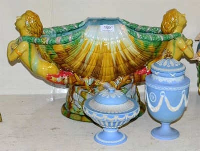 Lot 189 - A Mintons style Majolica centrepiece together with a Wedgwood blue jasper vase and matched...