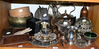 Lot 195 - A shelf of brass ware, silver plate etc