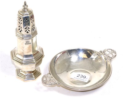 Lot 239 - An octagonal silver pedestal sugar caster, Mappin & Webb, Sheffield 1959; and a silver twin handled