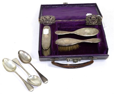 Lot 245 - A silver buckle; three silver spoons, cased; silver backed child's brush etc