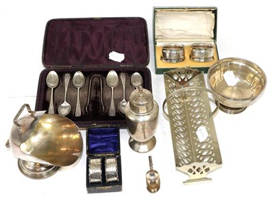 Lot 249 - Assorted silver and plated wares including napkin rings, sugar, caster etc