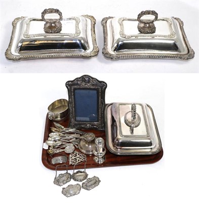 Lot 281 - A group of silver spoons, silver sugar, frame, etc, together with plated entree dishes and decanter